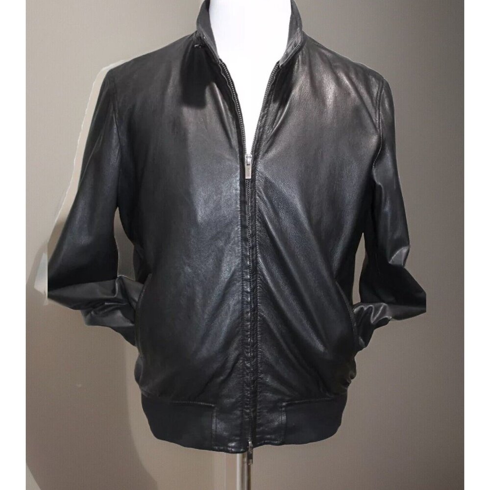 BOGGI milano Leather Bomber jacket Mens M Black Cafe Racer Luxury Brand RARE!